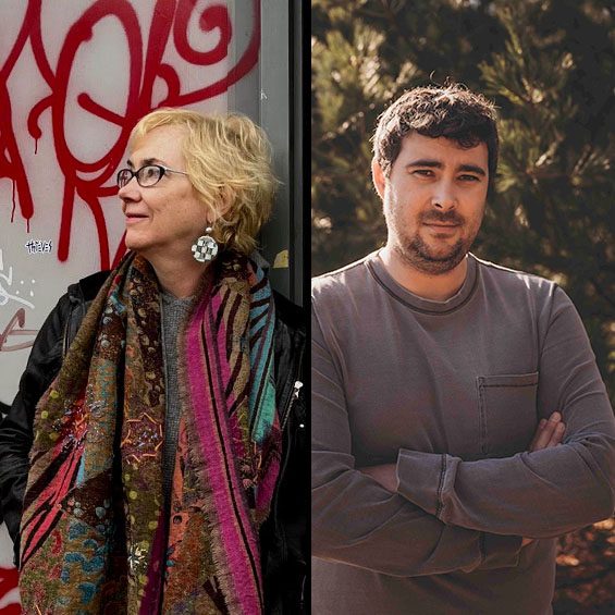 Stonecoast faculty members and authors: Elizabeth Hand leans against a door frame of a building covered in stickers and graffiti; Morgan Talty stands with his arms crossed over his chest against a background of foliage.
