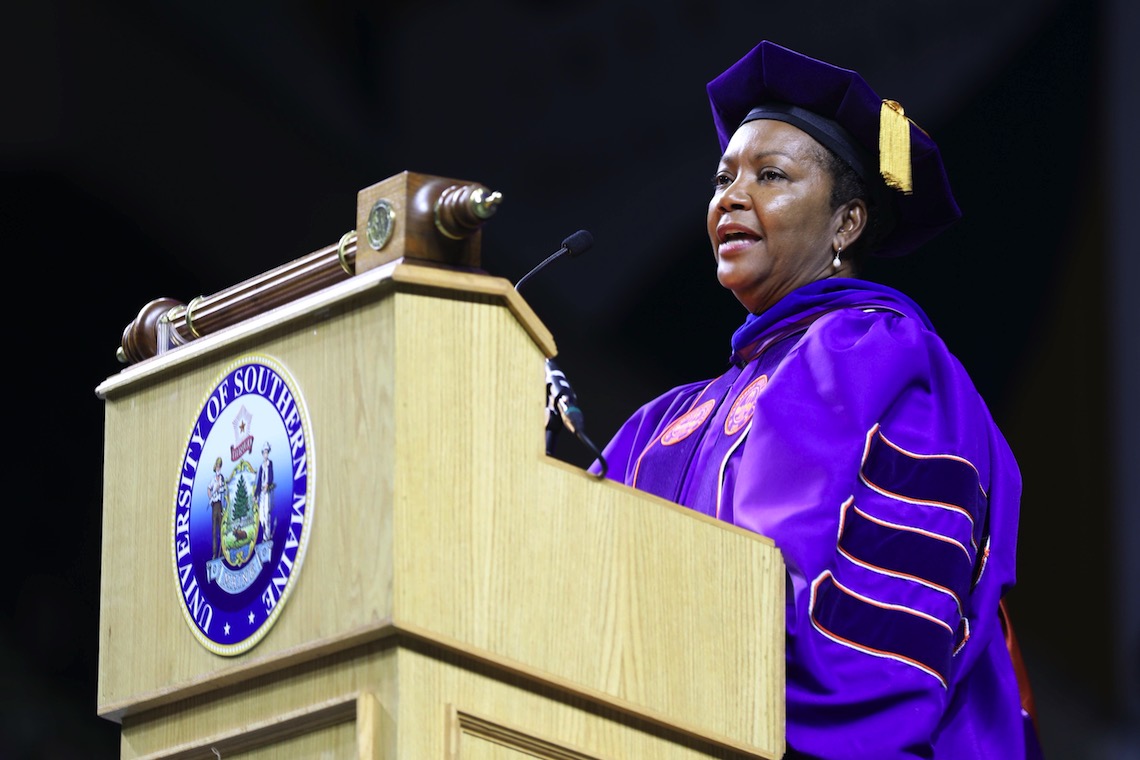 Dr. Idella Glenn delivers a land acknowledgement in the opening minutes of the 2023 Commencement.