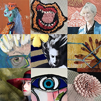 Promo Image for In the Making Art Exhibition. Images of artwork by nine women artists: 3-across, and 3-down.