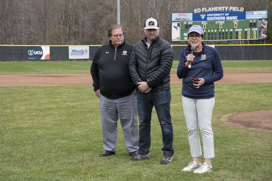 President Jacqueline Edmondson lists the many highlights of Tyler Delorme's baseball career before presenting him with his LEC Hall of Fame ring.