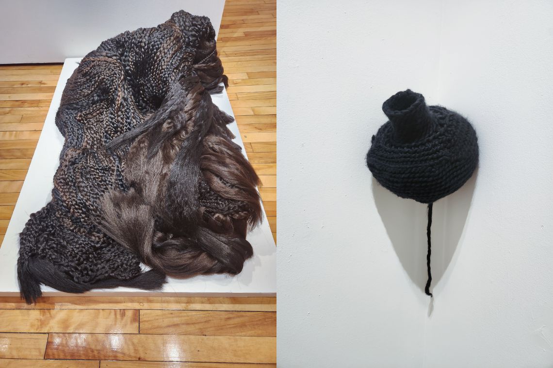 An exhibition at the USM Art Gallery features sculptures created by Veronica Perez out of braided hair.