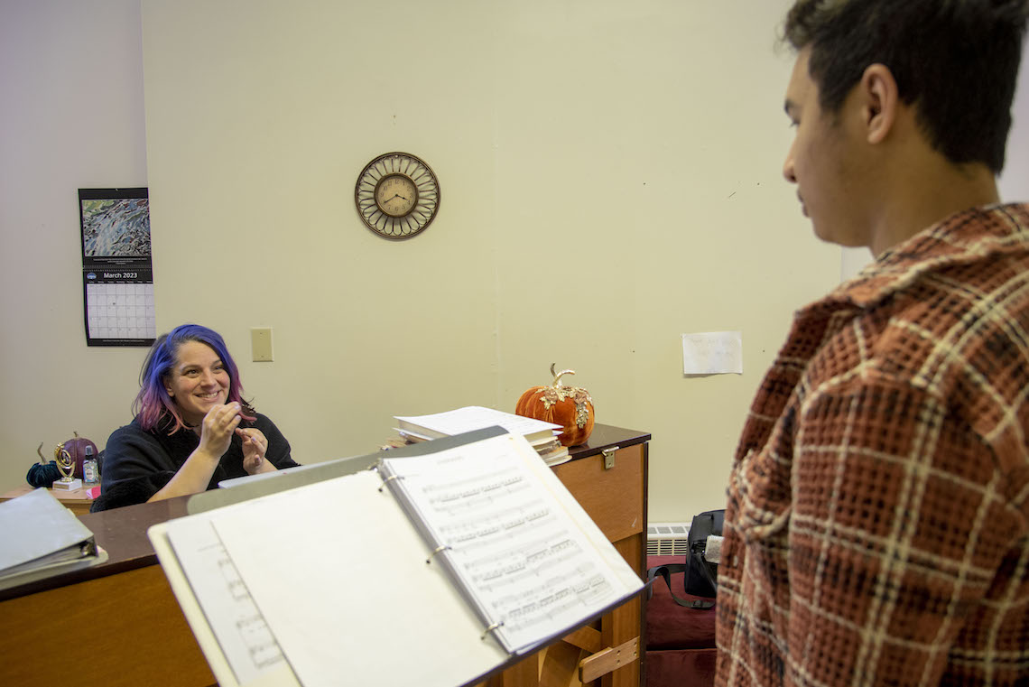 Senior Musical Theater major Dylan Cao listens to Alexandra Dietrich's instruction during a voice lesson at Corthell Hall in Gorham.