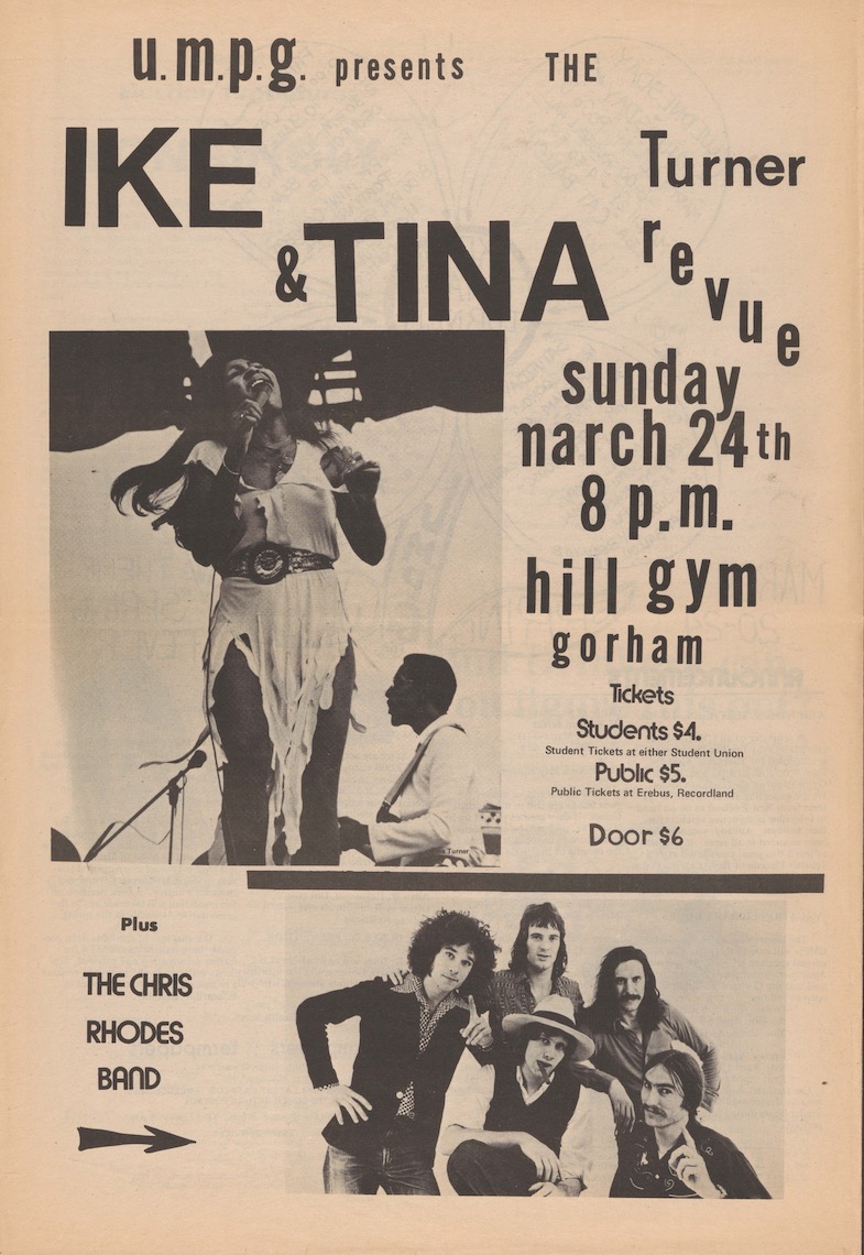 A full-page newspaper ad promotes a concert headlined by Tina Turner on March 24, 1974 at Hill Gym. (Courtesy: Free Press/USM Libraries Special Collections)