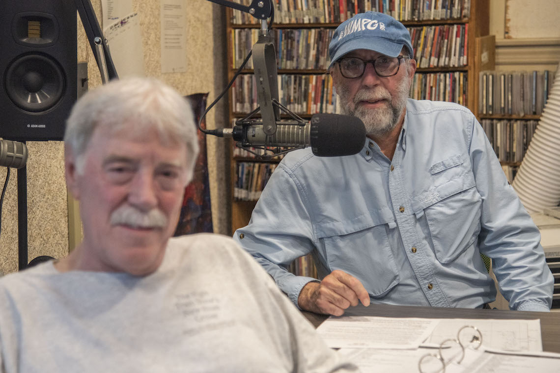 Rick Scala (right) and Bill Audette host the "Night Train" show on WMPG radio.