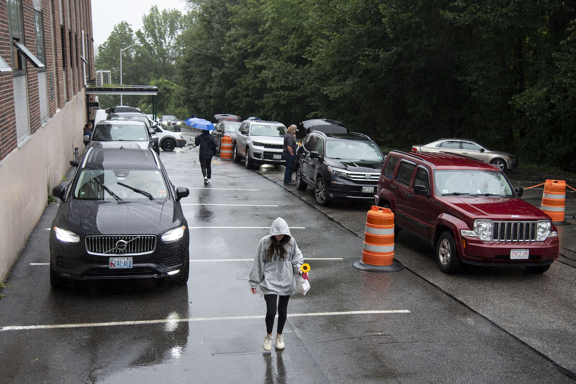 A steady rain made for messy conditions to kick off Move-In Weekend in the parking lot outside Upton-Hastings Hall.