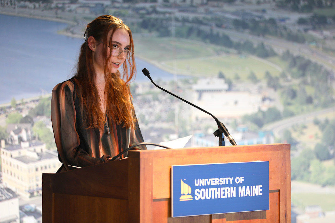 Meghan Mallory, a sophomore majoring in Linguistics, introduced Maurice Manning at the 2023 O'Brien Poetry Event.