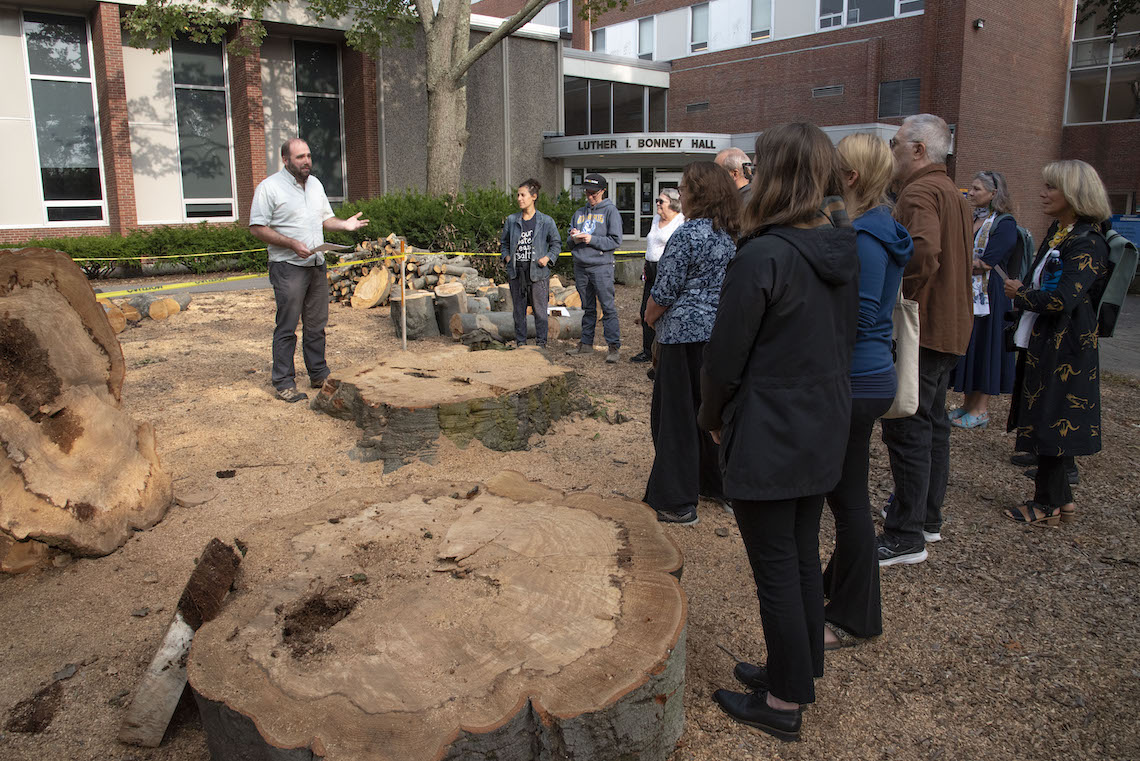 Director of Sustainability Aaron Witham led a vigil in remembrance of the beech tree that once stood in front of Luther Bonney Hall.