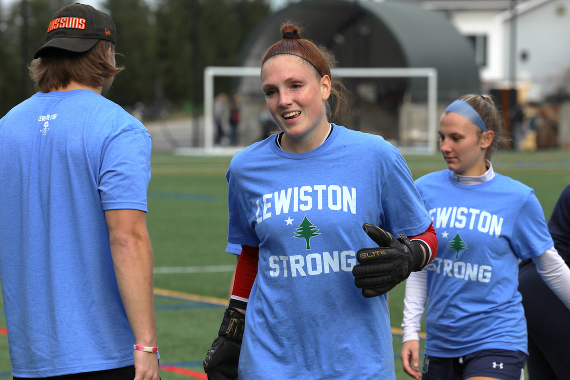 Breanna Atwood warms up for the 2023 LEC championship women's soccer game while wearing a Lewiston Strong t-shirt.