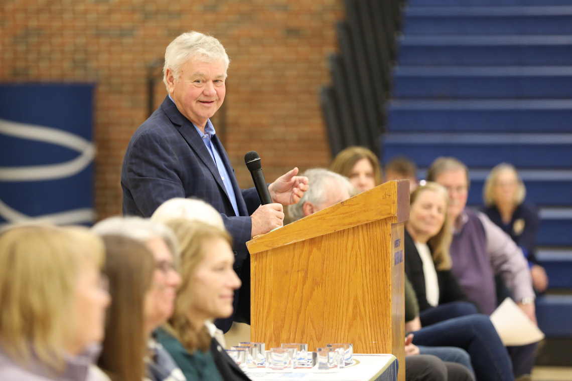 Former Coach Gary Fifield smiles while recounting memories of the 1987-88 women's basketball season during the team's induction into the Little East Conference Hall of Fame.