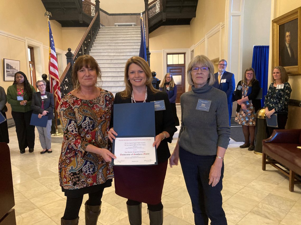 Maine Education Commissioner Pender Makin (left), Dr. Andrea Stairs-Davenport, Associate Dean of USM's School of Education and Human Development (center), and Dr. Fiona McDonnell, Director of USM Educator Preparation and Accreditation (right) at the awards ceremony in Augusta on November 21. 