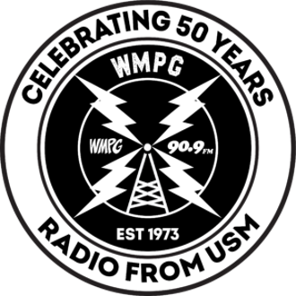 WMPG 50th Anniversary logo, shows a radio tower with four lightning bolts projecting from tower