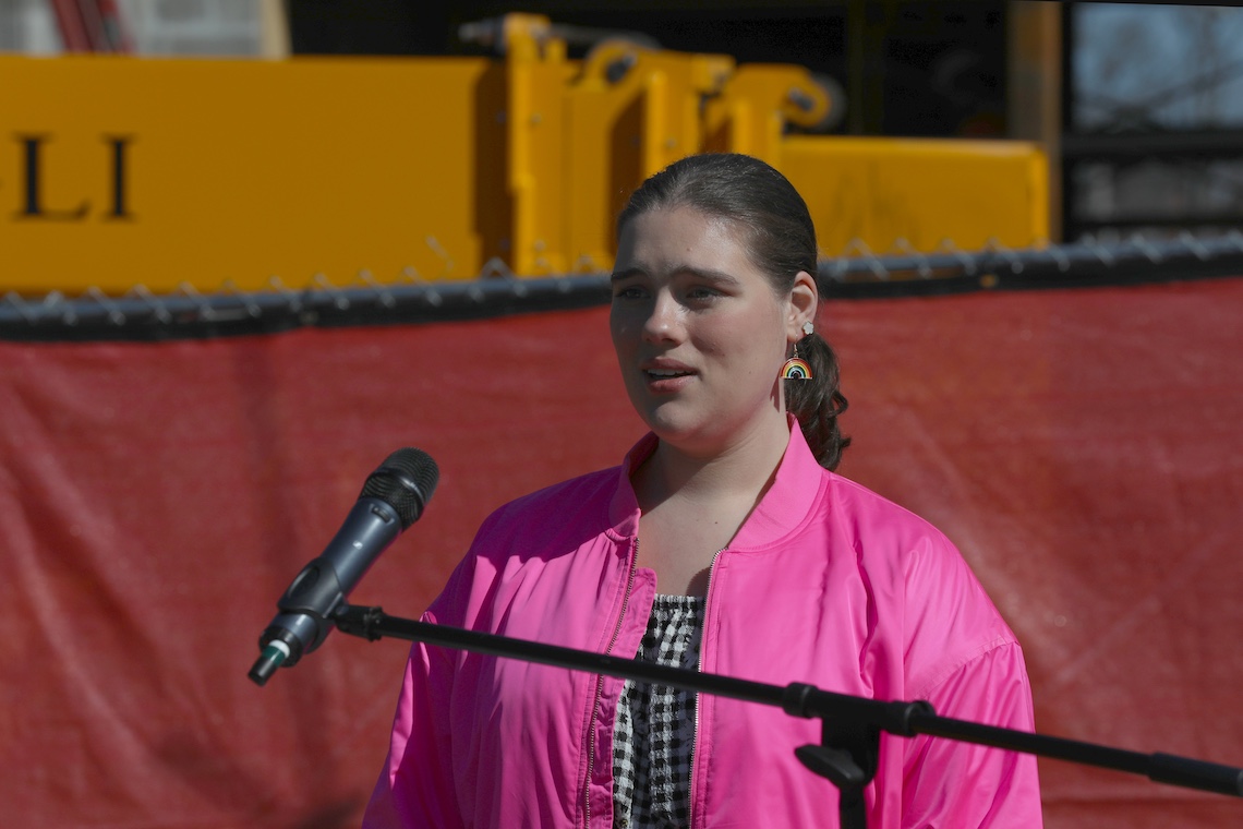 Osher Music School student Rita Micklus sings "Build My House" from Leonard Bernstein's "Peter Pan" at the topping off ceremony for the new Crew Center for the Arts.
