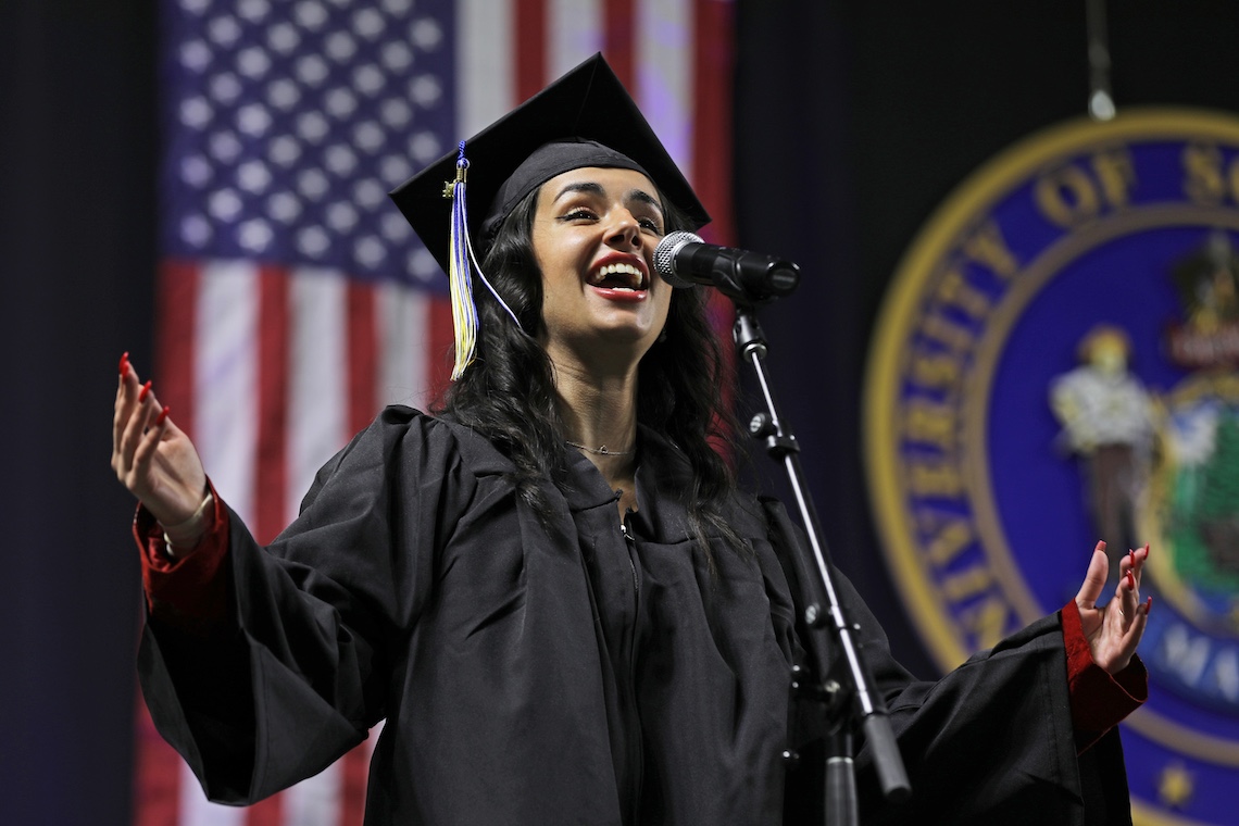 Caroline Wood sings the National Anthem at the 2024 Commencement ceremony.