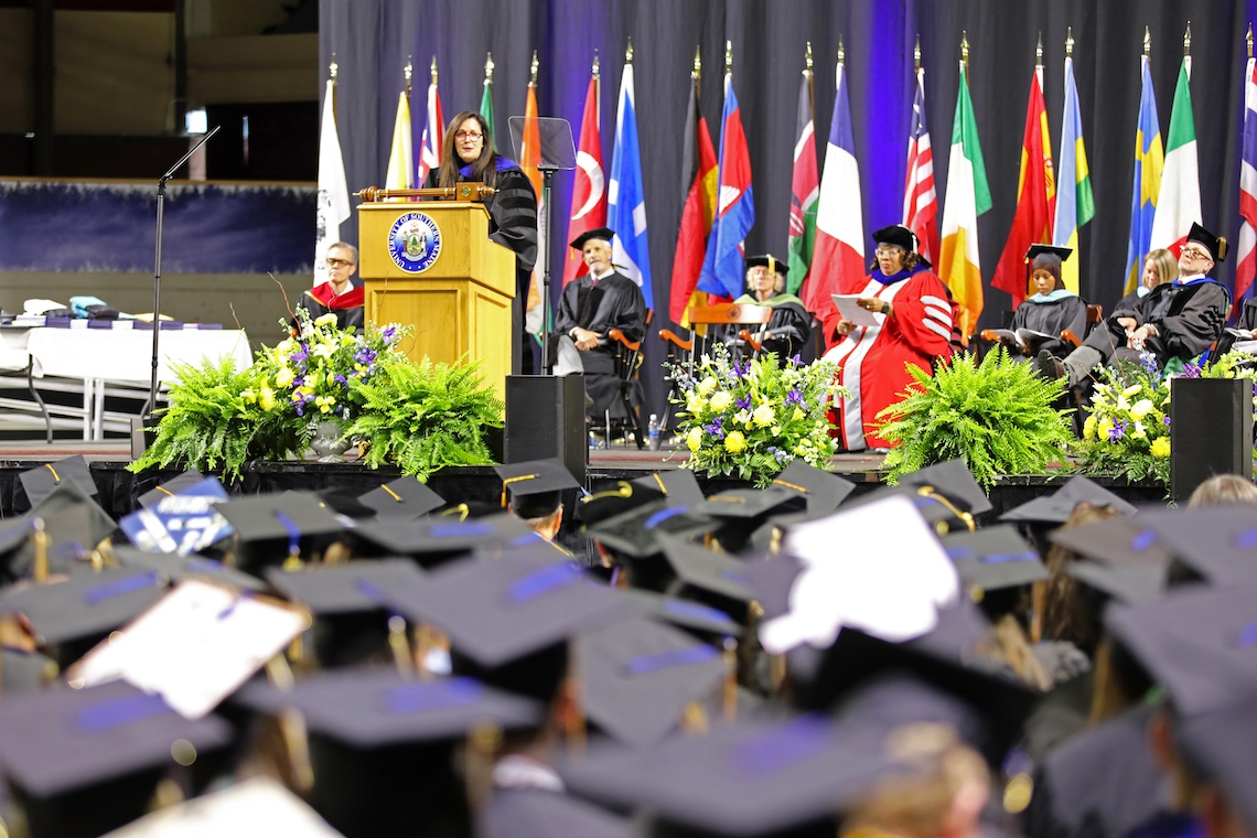 President Jacqueline Edmondson addresses the graduates at the 2024 Commencement ceremony.