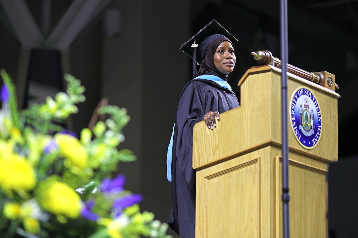 Student speaker Hamido Hassan addresses fellow graduates at the 2024 Commencement ceremony.