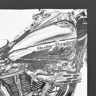 Student pencil drawing of a Harley Davidson motorcycle