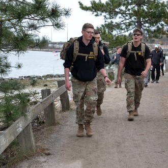 ROTC members set the pace for the memorial ruck around Back Cove in Portland to honor the memory of Sgt. Christopher Gelineau.