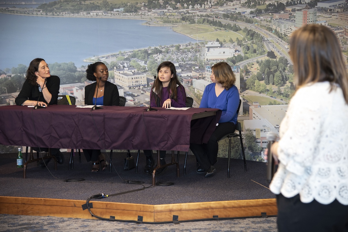 The panelists at the Living and Learning in Maine workshop were (from left) Nadine Bravo, Joelle Mikobi, Marzia Saidi, and Anna Garanenko.
