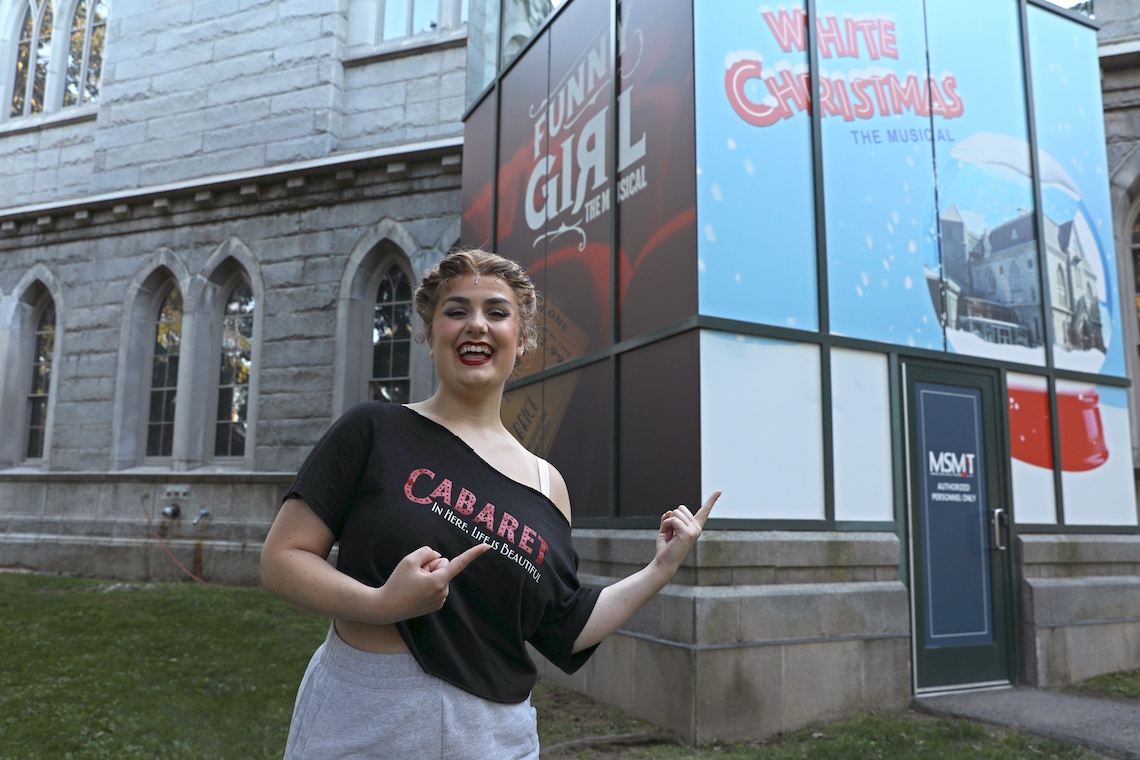 Karoline Brechter pauses midway through applying her makeup and wig in preparation for her role in"Funny Girl" at Maine State Music Theatre in Brunswick.