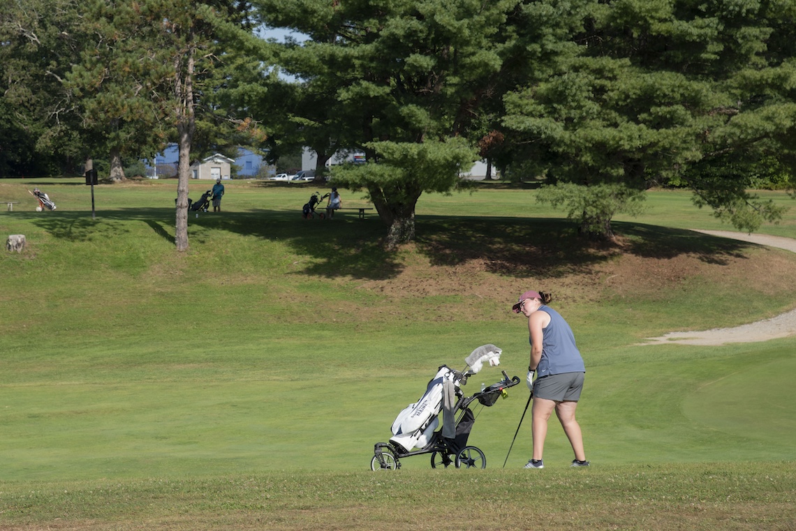 Anabelle Steeves plans her approach to the green during a practice round at Riverside Golf Course in Portland.