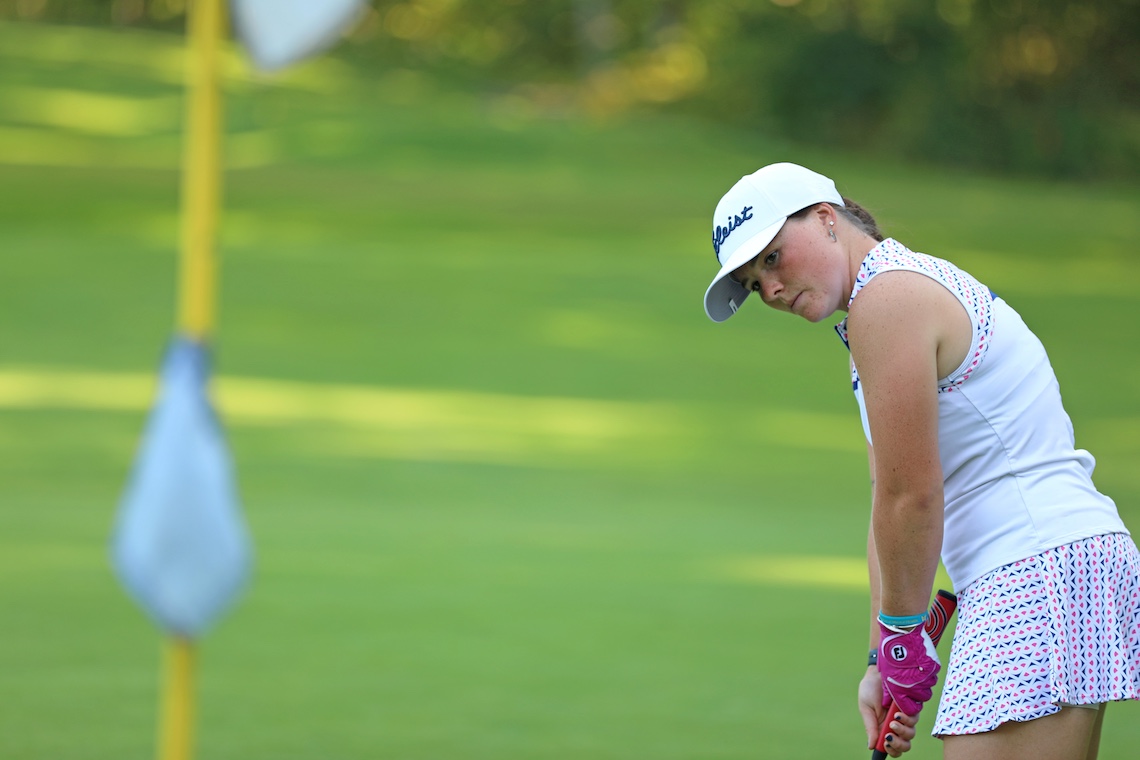 Meaghan Dufresne calculates the distance to the hole during a practice round at Riverside Golf Course in Portland.