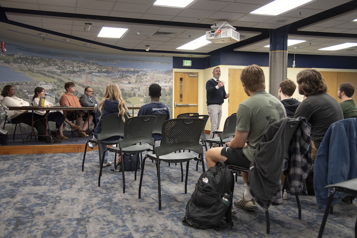 Provost and Vice President of Academic Affairs Adam Tuchinsky gave introductory remarks at a post-election panel discussion hosted by the Political Science Department.