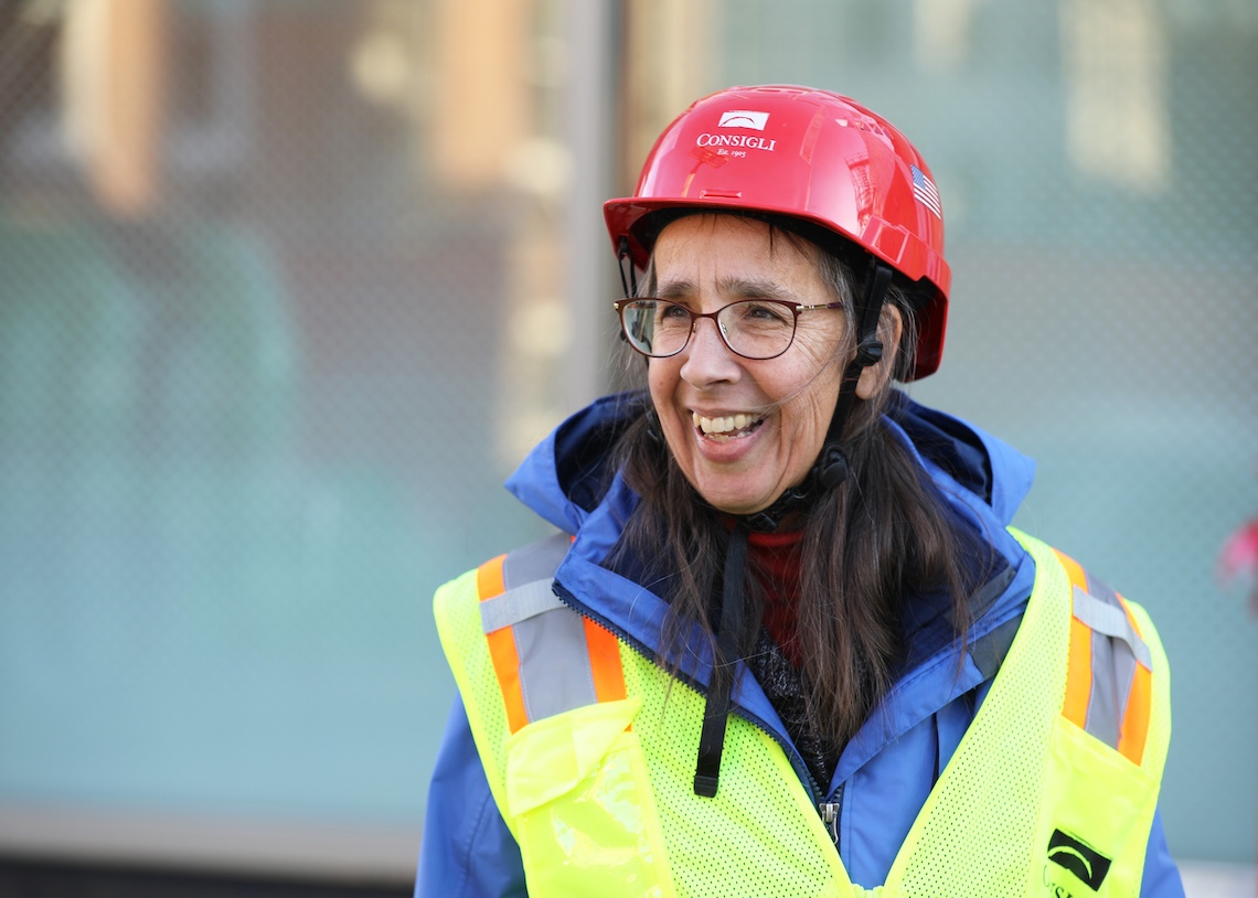 Dr. Christine Maher organized a tour of the Crewe Center for the Arts so her colleagues with BirdSafe Maine could examine the care being taken to make the windows bird friendly.