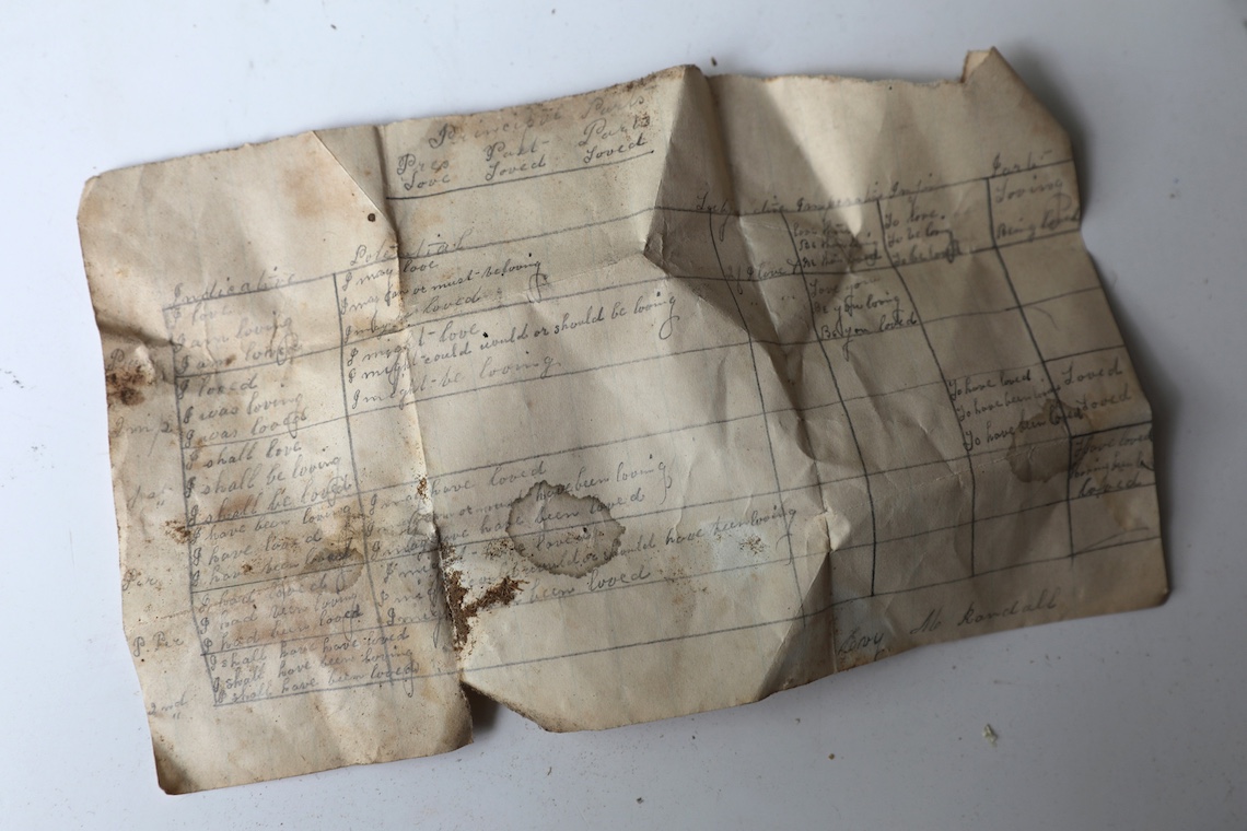 A homework assignment in which students were tasked with conjugating the verb "love" was part of a trove of papers that was discovered during renovations at the Academy Building.