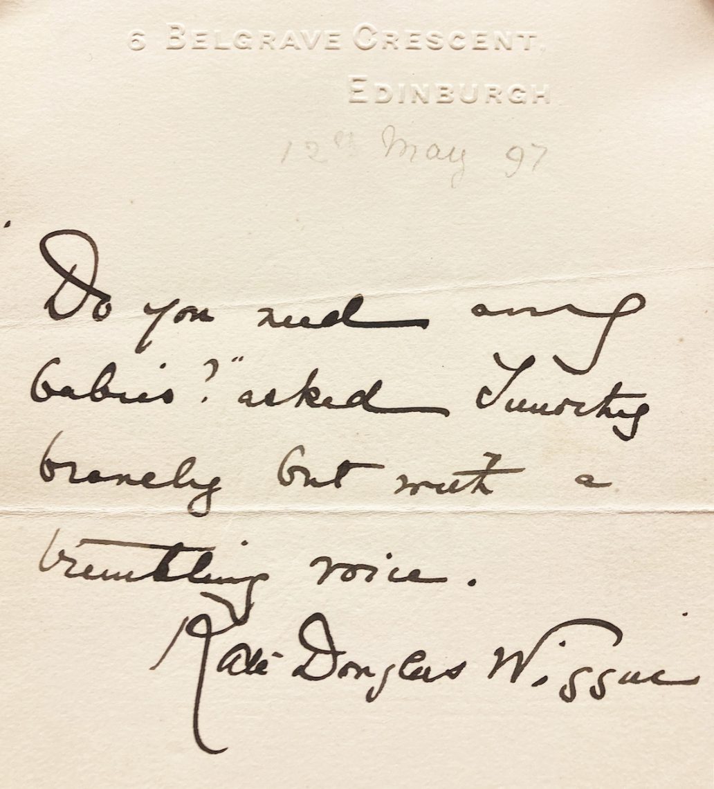 A handwritten note by Kate Douglas Wiggin paraphrases a quote from her novel "Timothy's Quest." (Courtesy: Nancy Ponzetti)