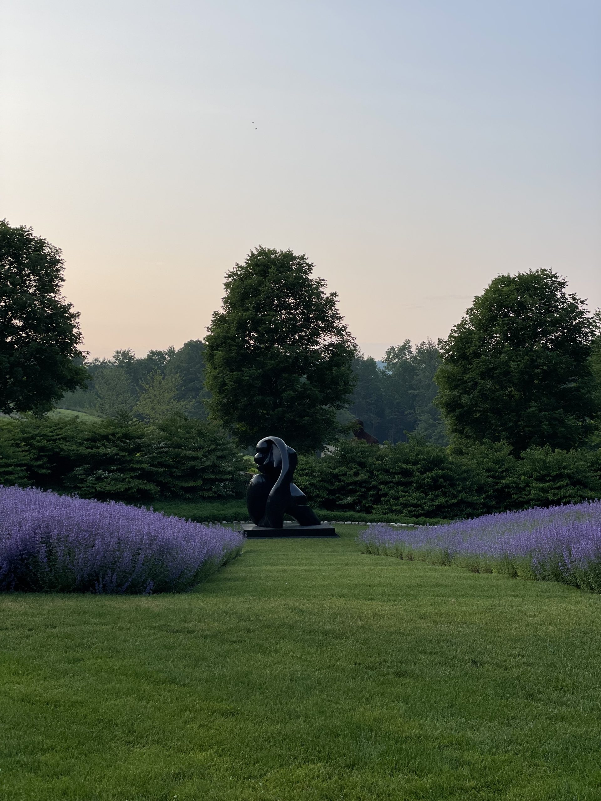 inSitu sculpture garden landscape with purple heather and a sculpture in the distance