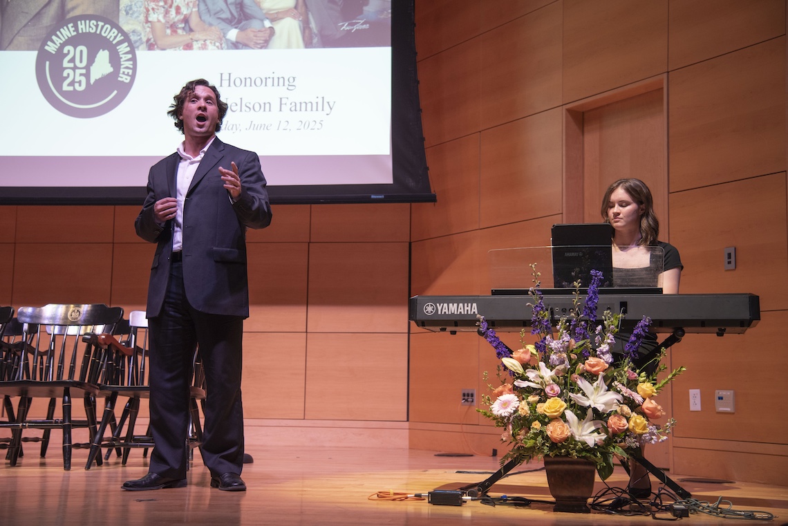 Jared Vigue sang and Mackenzie Renner played keyboard at the Maine Historical Society's 2025 Maine History Maker event, honoring the Nelson family.