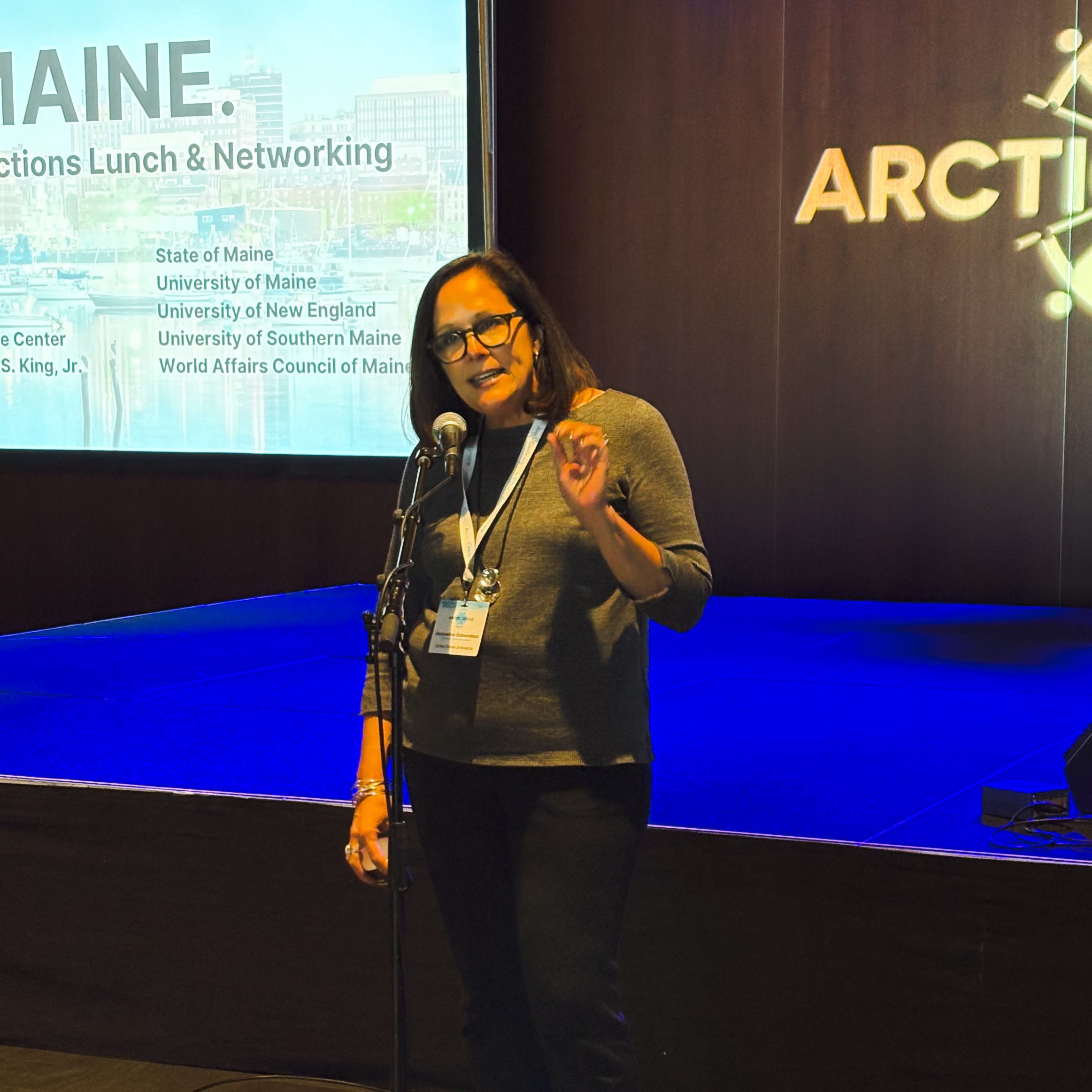 President Jacqueline Edmondson speaks at the Maine luncheon at the Arctic Circle Assembly in Reykjavik, Iceland.