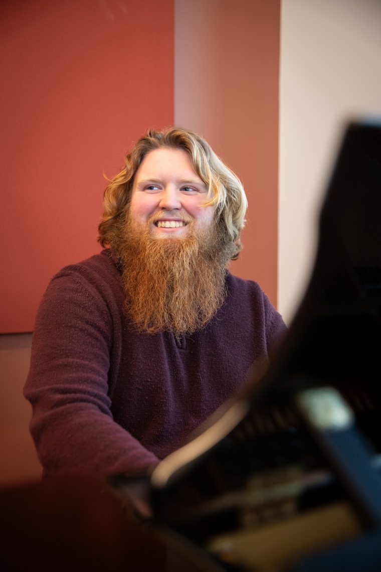 Dex Tremblay playing some improv jazz in a rehearsal room at the Crewe Center for the Arts.