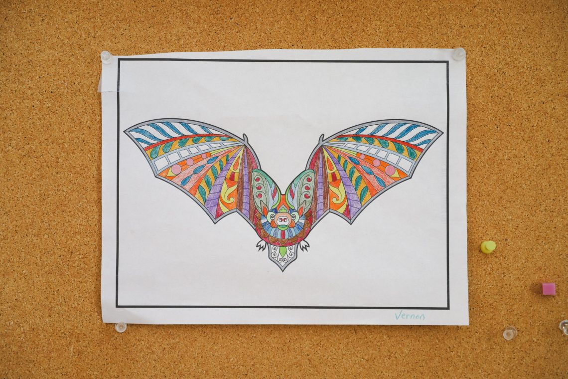 A colored picture of a bat is pinned to a corkboard, signed by Vernon Tarbell