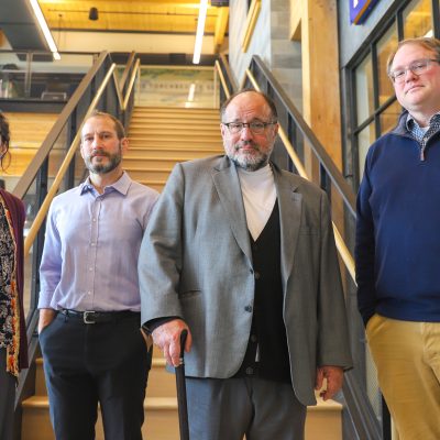 Panelists for faculty forum on American Democracy from left to right: Dr. Michelle Vázquez Jacobus, Dr. David Kasdan, Dr. Ron Schmidt, and Dr. Adam Schmitt