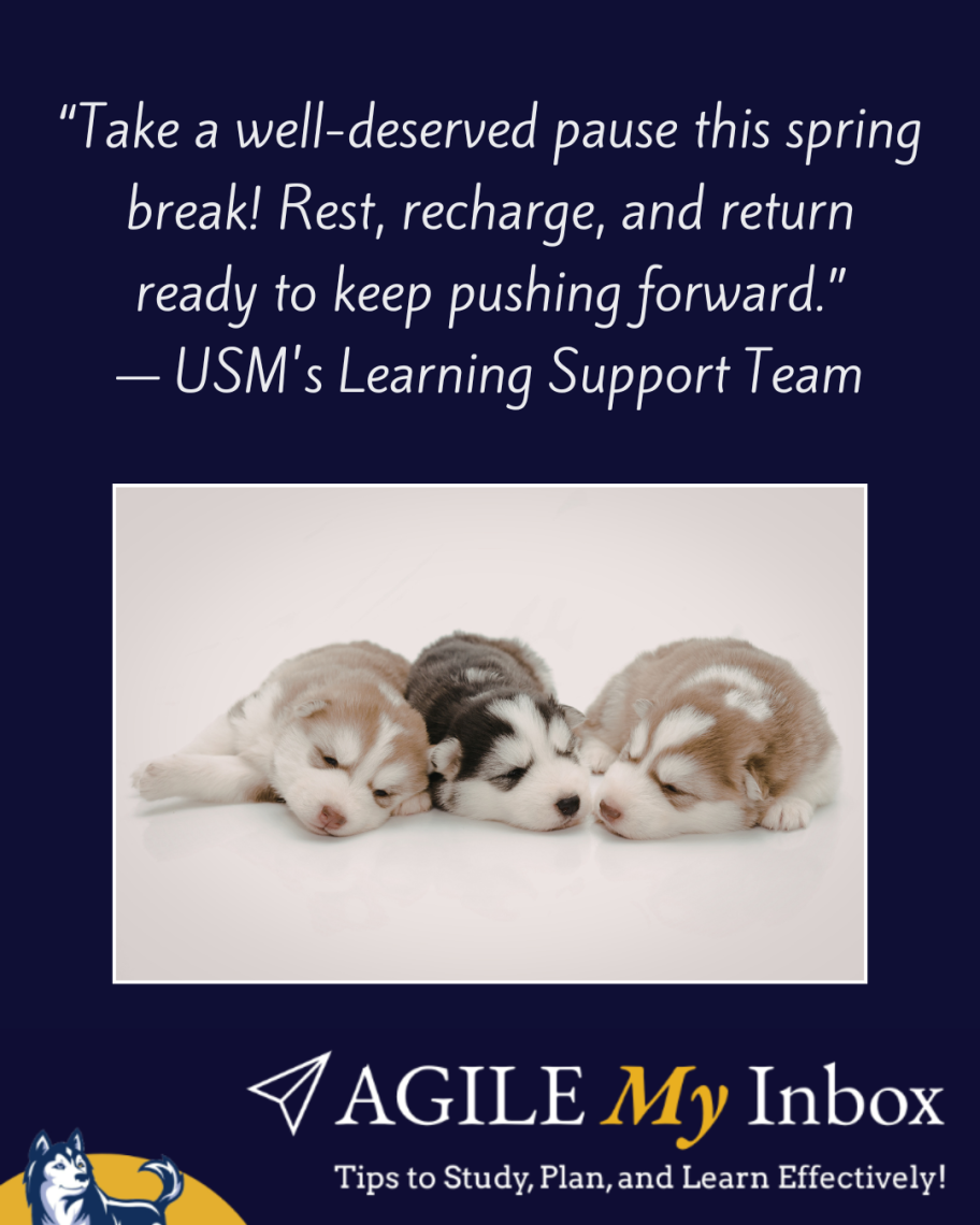 Quote from the Learning Support team and a picture of three sleeping husky puppies