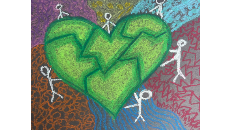 pastel drawing of a heart, with broken lines, and stick figures around the edges