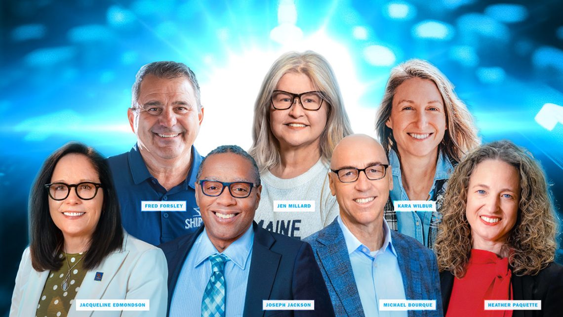 Headshots of the 2026 Mainebiz Business Leaders of the Year honorees against a blue background.
