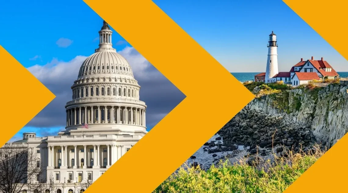 Image of the US Capitol building and Portland Headlight divided by yellow arrow dividers
