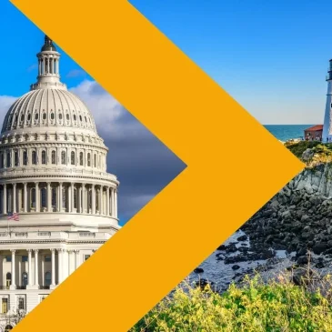 Image of the US Capitol building and Portland Headlight divided by yellow arrow dividers