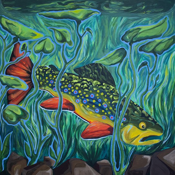 Painting of fish swimming near river bottom, titled Muddy, by Ava Lawson.