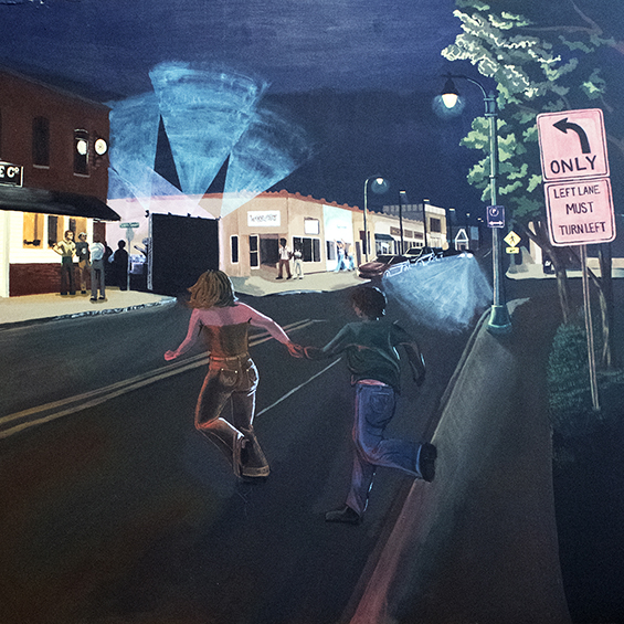 Painting of two teenagers running across a city street at night heading towards bright lights.