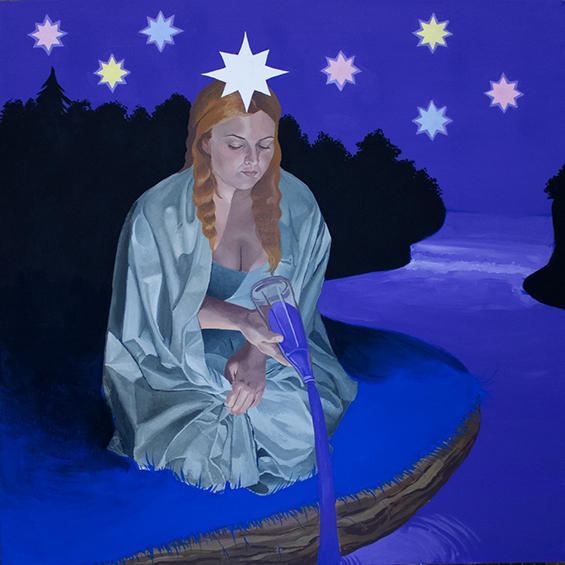 Painting of kneeling woman pouring water into the river with a star shining on her head.