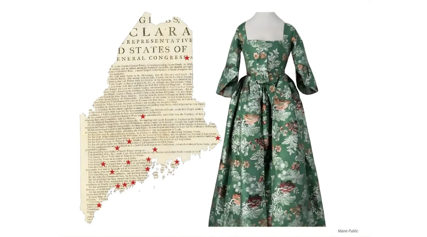 A map of Maine and a historical dress side by side.