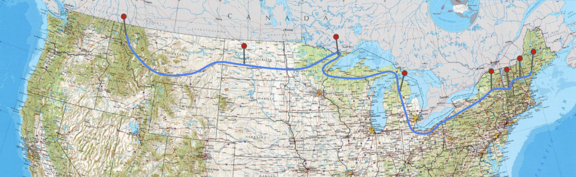 Map of the northern United States with a blue route line and location pins marking stops in Maine, New Hampshire, Vermont, New York, Michigan, Minnesota, North Dakota, and Montana