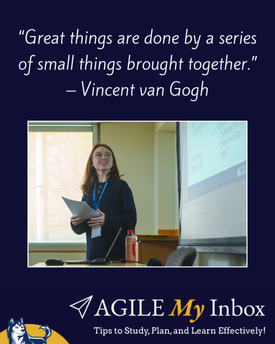 "Great things are done by a series of small things brought together" quote with image of student presenting from a slideshow