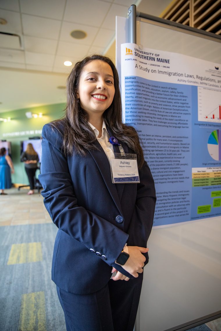 Ashley Salguero-Gonzalez, a graduate student in social science at USM’s Muskie School of Public Service presenting at 2026 Thinking Matters.
