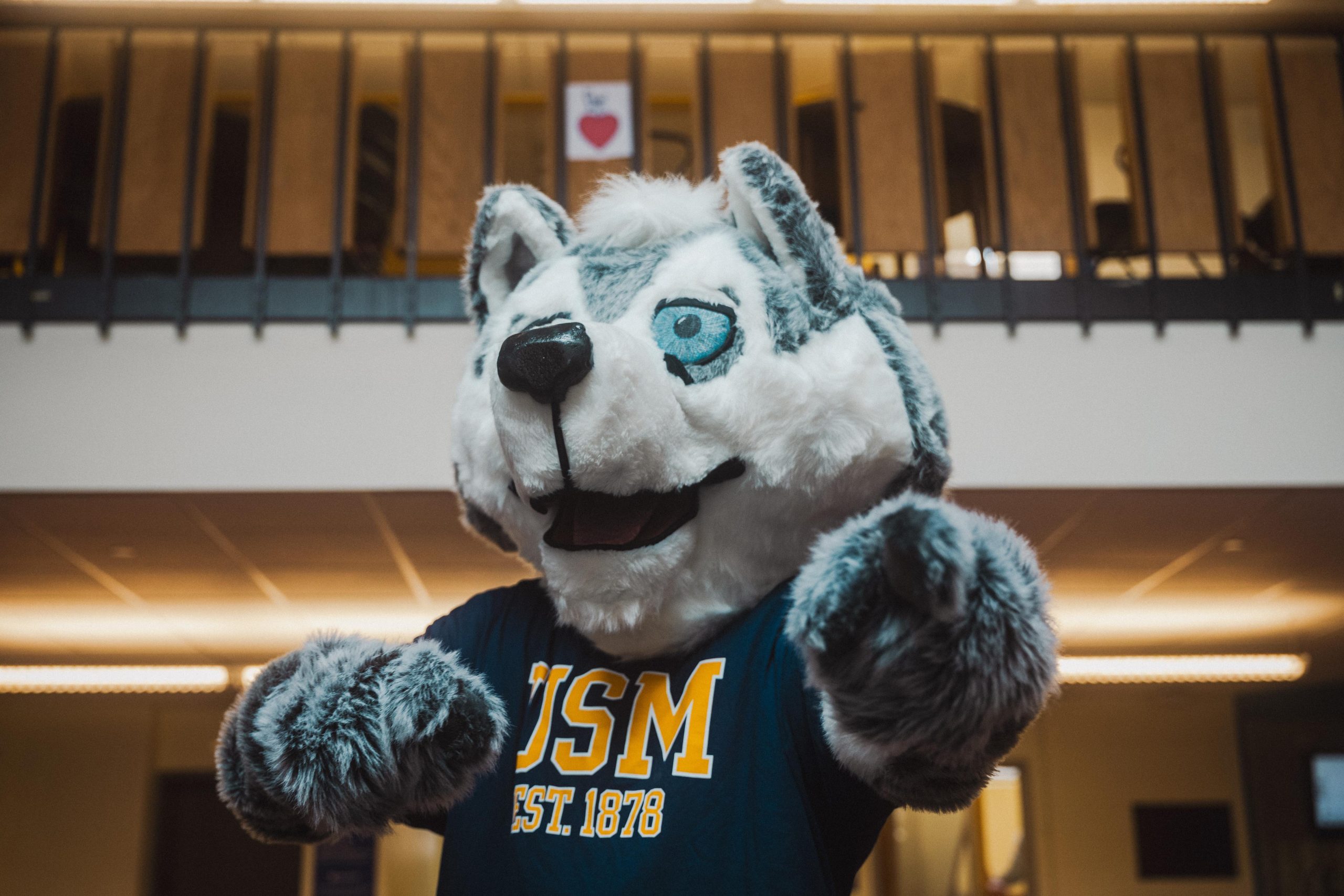 Champ, USM mascot, points to the camera in an thletics shirt.