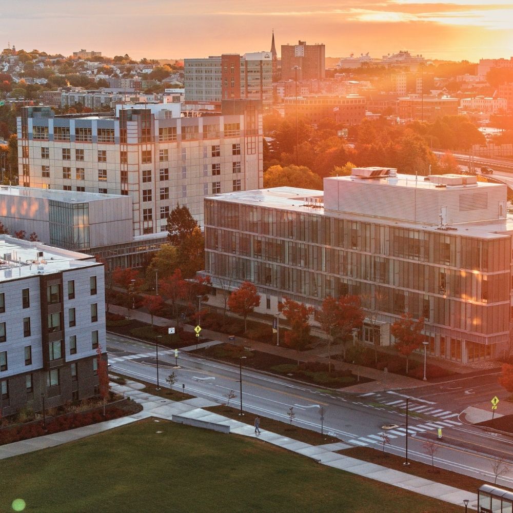 Sunrise over USM Portland Campus, facing downtown Portland.
