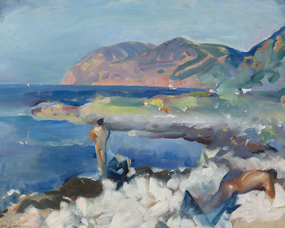 Painting by Carl Sprinchorn depicting a person standing on the rocky shore looking at the sea.